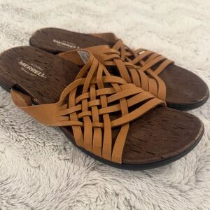 Merrell “All Around Town” Women's Woven Leather Brown Sandals Slides Size 9